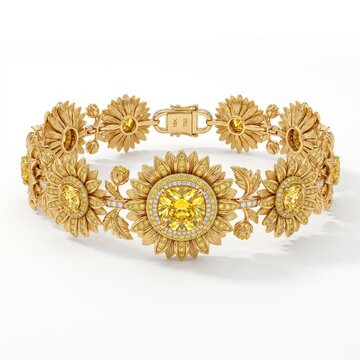 Bracelet crafted from intricate gold sunflower segments featuring brilliant yellow gemstones is isolated on a white background.