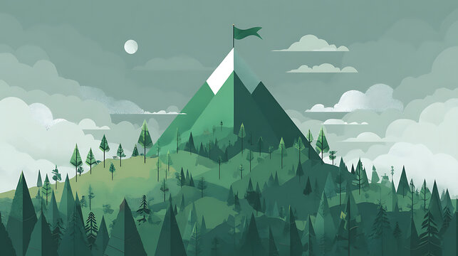 Majestic mountain peak under cloudy sky with flag