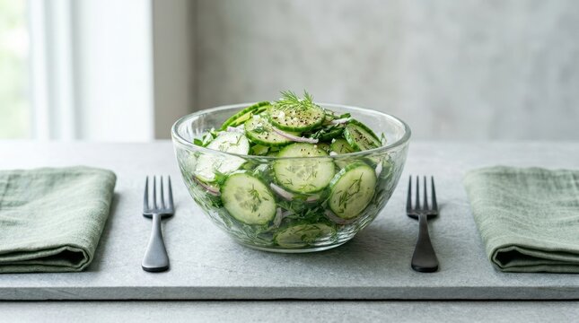 Fresh cucumber salad with dill and red onion in a glass bowl