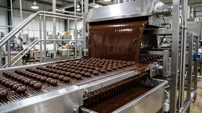 Rows of candies move through flowing chocolate coating curtain on automated confectionery line, showing industrial sweets manufacturing and food production.