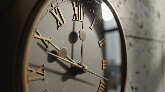 Close-up of a vintage clock ticking showcasing time passing with roman numerals on a gray background