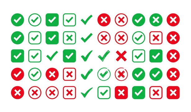 Hand drawn green tick and red cross icon vector collection with circle and square symbols