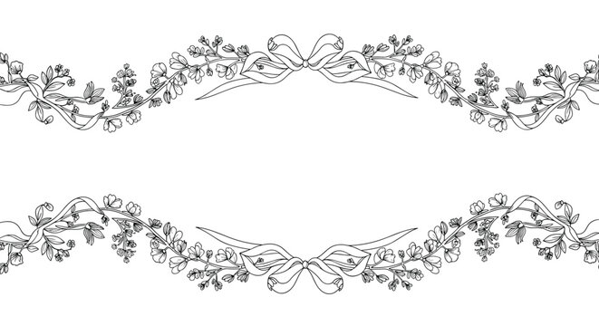 Elegant seamless border consists of delicate hand-drawn floral branches tied together with classic bows in an engraving style.