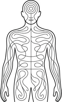 Human torso outline with internal flowing lines and a target symbol on the forehead