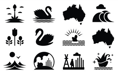 Black silhouette collection of western australia symbols including swans wheat mountains and sunsets in minimalistic flat design style for cultural representation © Tuli