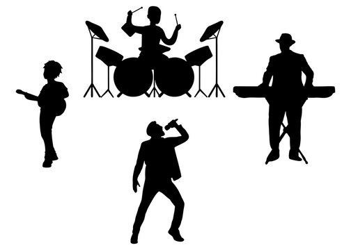 black silhouette of a music band set, guitarist, drummer playing drum kit, singer holding microphone, and keyboard player, full body figures, different poses, isolated on white background, high contra