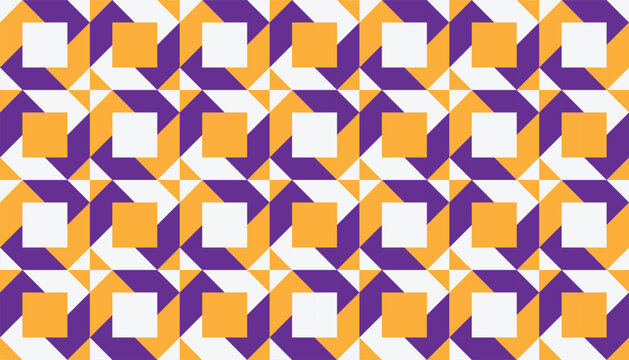 Abstract pinwheel geometric seamless pattern. Modern purple and orange vector background with squares