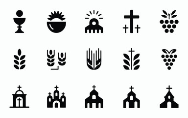 Fototapeta premium Black silhouette icons depicting religious symbols grapes wheat bread and churches on a minimalist background