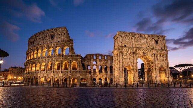 Evening view of the Colosseum and Arch of Constantine illuminated against a dark blue sky in Rome