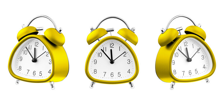 Stylish Yellow alarm clocks with bells and twin-bell style elements. High-quality 3D render or studio shot for home decor, lifestyle blogs, and creative office supplies presentations.
