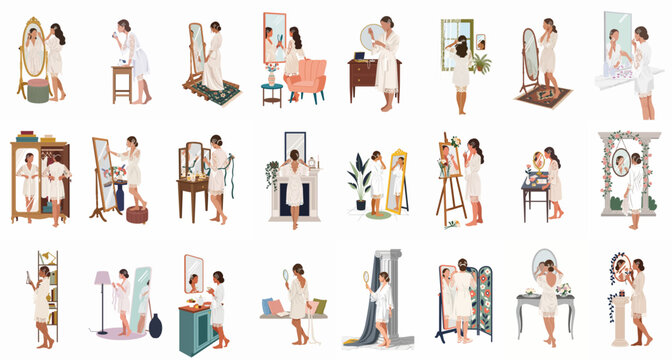 Diverse collection of illustrations featuring a woman in a white lace robe getting ready in various rooms with elegant furniture and mirrors.