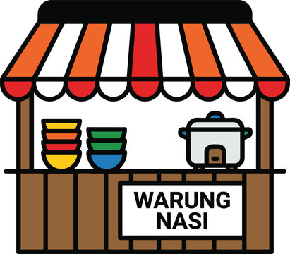Vector illustration of Indonesian rice stall &ldquo;Warung Nasi&rdquo; with red‑and‑white striped canopy, rice cooker, bowls, and counter setup
