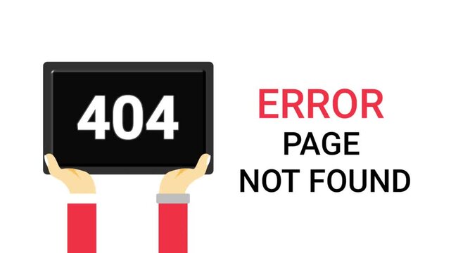 Animated hands holding a tablet with 404 error message and page not found text isolated on a white background.