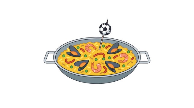 Colorful pizza in a round pan with a soccer ball on top, vibrant toppings