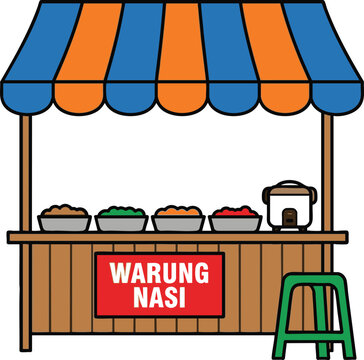 Vector illustration of Indonesian rice stall &ldquo;Warung Nasi&rdquo; with blue‑and‑orange striped canopy, rice cooker, bowls of food, and stool