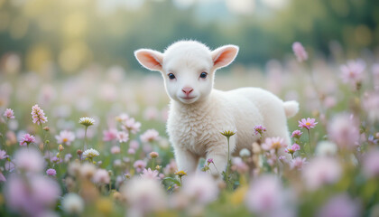 Fototapeta premium Sweet baby lamb in flower field, pastel colors, soft focus