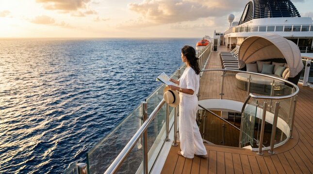 Asian woman standing on luxury cruise ship deck holding a map and hat at sunset. Travel leisure vacation on ocean liner with sea view and elegant resort setting.