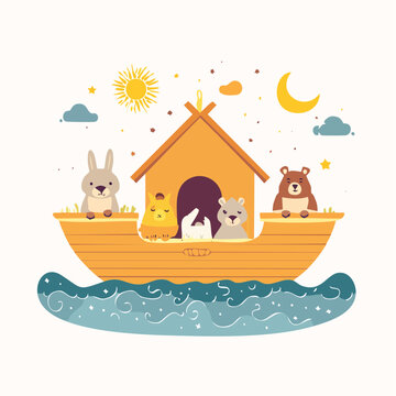 Cute Animals on Noah's Ark Illustration