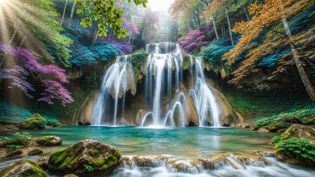 Stunning waterfall cascading into a crystal clear turquoise pool surrounded by vibrant colorful trees and lush vegetation
