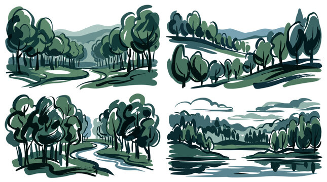Collection of handdrawn landscape sketches featuring trees and water bodies