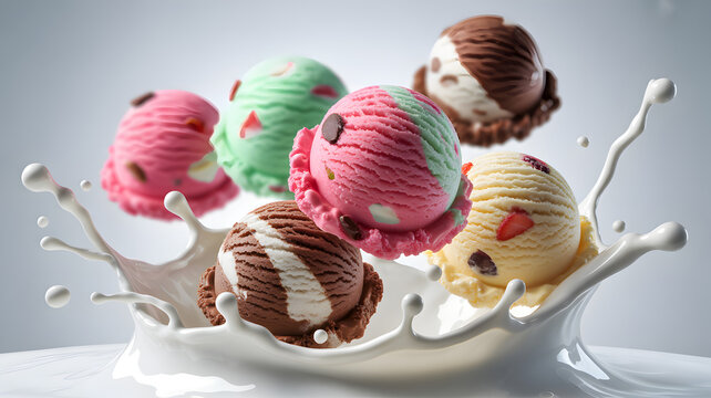 Ice cream scoops splashing in milk