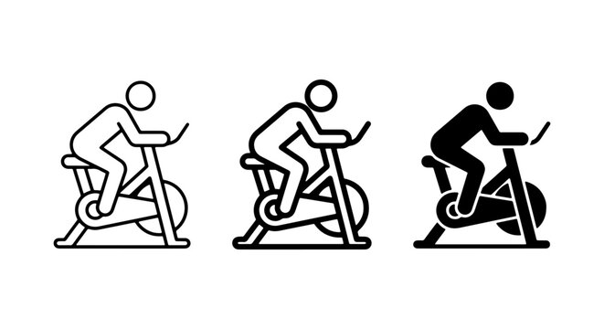 Stationary Bike Icons: Three Styles of Cycling Exercise, Fitness Silhouette, Workout Vector Art
