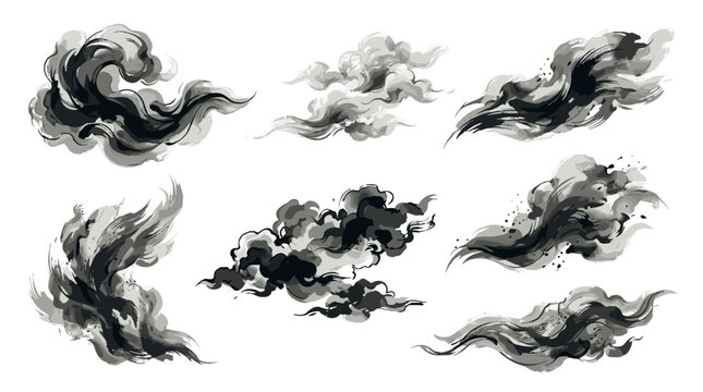 Collection of black and white cloud illustrations with dynamic shapes