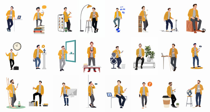 Character Set of a Happy Young Man in Various Daily Life and Work Scenarios Wearing a Yellow Cardigan and Grey Shirt.