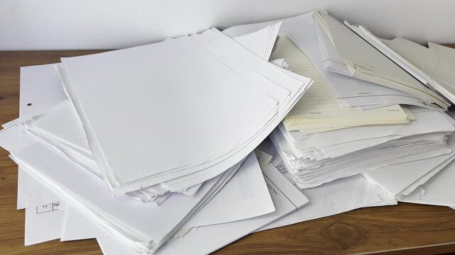 Video of scattered papers spread across a desk. Messy workspace scene representing stress, paperwork, office chaos, disorganization and busy work routine.