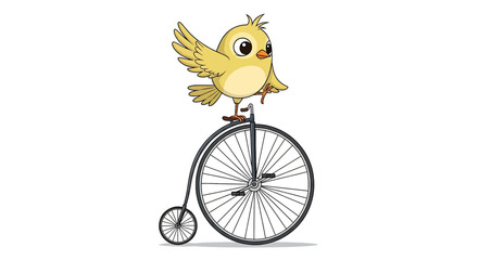 A cartoon yellow chick riding a vintage penny farthing bicycle with big eyes and wings spread out © Shakir