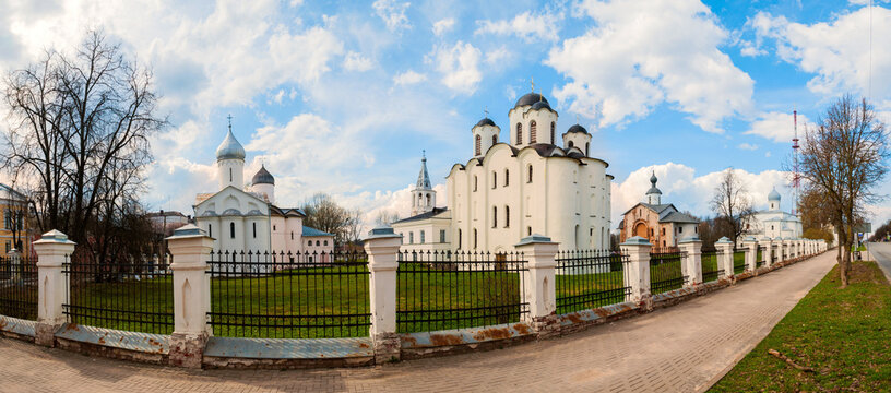 Veliky Novgorod, Russia. Panorama of churches in Yaroslav Court in Veliky Novgorod, Russia in cloudy spring day