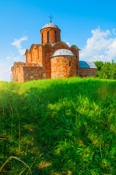 Veliky Novgorod, Russia. Church of the Transfiguration of Our Savior on Kovalevo field in Veliky Novgorod, Russia, summer view