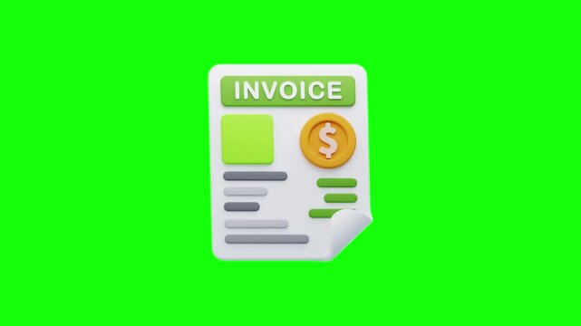 Animated invoice icons in various styles, including outline, 3D, and flat designs, appearing dynamically on a bright green screen, representing billing and financial transactions.