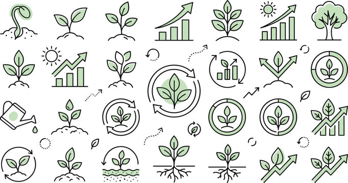 Sustainable Business Growth and Eco Friendly Development Icon Set featuring Plant Growth Progress Charts Recycling Symbols and Green Investment Icons for Corporate Sustainability and Environmental Rep