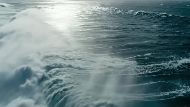 Epic Ocean Wave Crashing in Slow Motion Under Dramatic Cloudy Skies with Sunlight Reflection