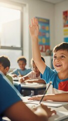 Fototapeta premium Happy elementary school student raising his hand in class. Vertical photo of clever young boy participating in lesson. Childhood education and learning concept