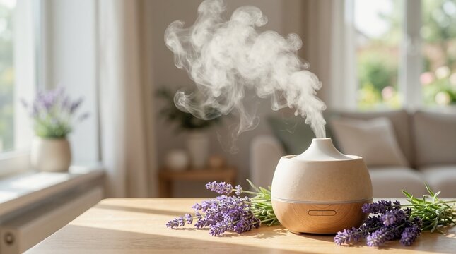 Aromatherapy diffuser with steam and lavender on table in living room. Home wellness and relaxation concept