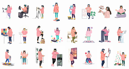 Naklejka premium Set of flat vector illustrations depicting a young female content creator, streamer, and gamer in various professional and daily lifestyle activities.
