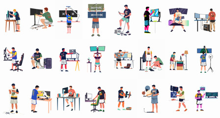 Fototapeta premium Collection of flat vector illustrations depicting people setting up, cleaning, and organizing computer workstations, gaming rigs, and multiple monitor displays with cable management.