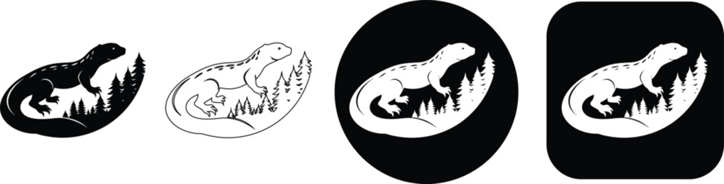 Dinosaur silhouette and outline with forest lizard reptile