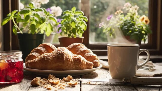 Cozy breakfast scene with fresh croissants, jam, and a steaming cup of coffee next to a window with plants