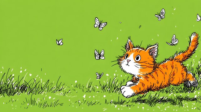 Delightful Young Cat in a Blossom-Filled Field Pursuing Fluttering Butterflies with Whimsical Cartoon Energy and Vector Precision for Children's Imagery