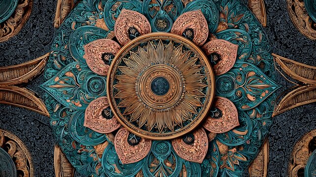 Elaborate Symmetrical Mandala Wheel with Mehendi Tracery and Calming Ornamental Patterns in a Vibrant Textured Style