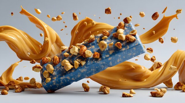 Radiant Blue Levitating Snack Bar Adorned with Cascading Crunchy Nuts and Silky Caramel Ribbons Against a Minimalist Backdrop