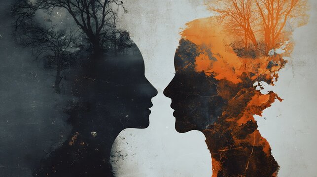 Conceptual artwork depicting the dichotomy of a divided mind wrought by bipolar disorder and the enigma of split personality through symbolic visuals