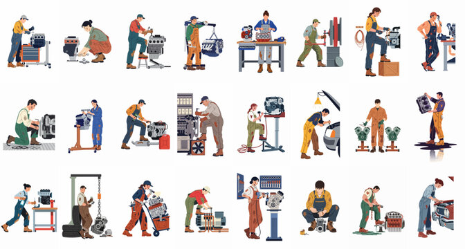 Comprehensive collection of diverse auto mechanics and engineers repairing, assembling, and maintaining car engines, set against a white background.