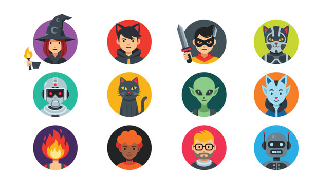 Collection of twelve circular avatar icons representing different characters like a witch, cat, alien, robot, superhero, and various people.