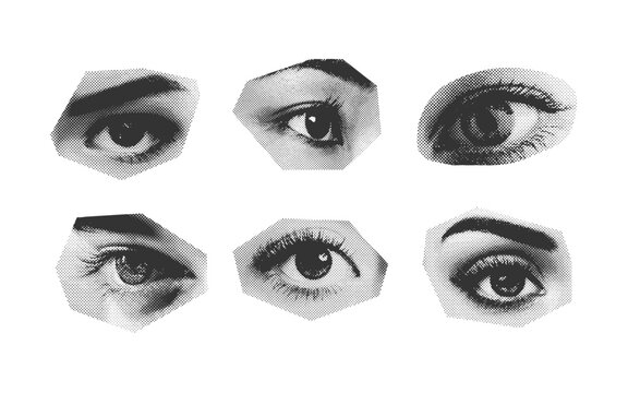 Six unique human eyes 80s Retro Halftone Graphics, are dynamically arranged on a white background. Each eye is distinctively cropped, creating an intriguing artistic and retro graphic design