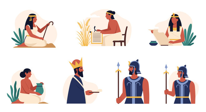 Set of diverse characters from ancient Egyptian civilization including scribes, pharaohs, guards, and farmers in daily activities.