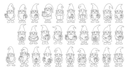 Fototapeta premium Large set of cute garden gnome characters in various poses holding gifts and letters in a simple black and white line art style.